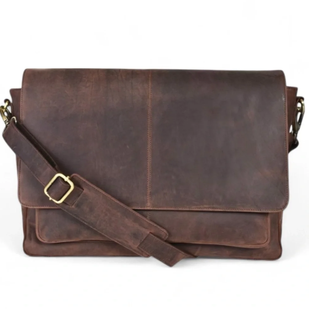 Brown Leather Messenger Bag Laptop Briefcase Bag College Office Adj Strap NWT